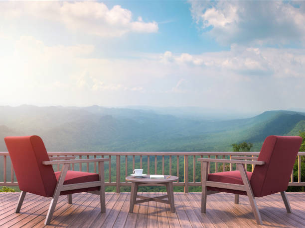 istock Contemporary terrace with mountain view 3d render. 962891392