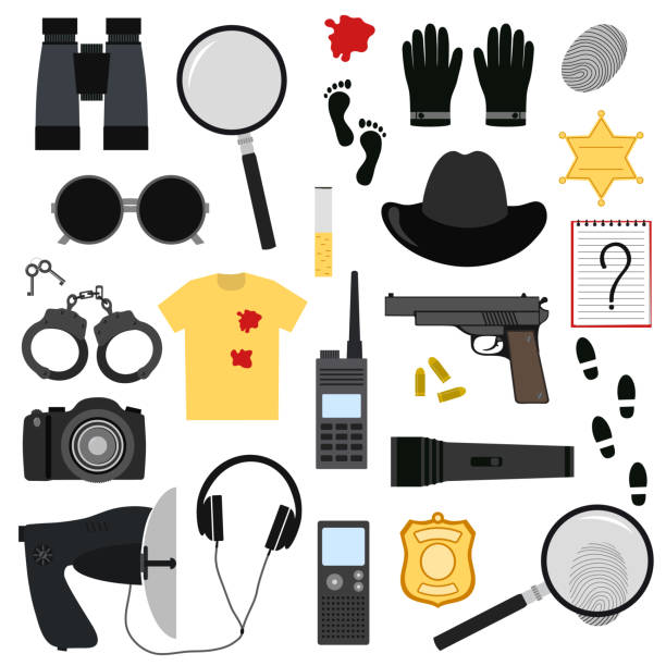 detektyw, inspektor ustawiony. narzędzia i akcesoria do dochodzeń i nadzoru kryminalnego. ilustracja wektorowa. - crime flashlight detective symbol stock illustrations