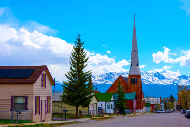 Cross in the Sky Mountain Background Church Steeple with mountain view Leadville Colorado leadville stock pictures, royalty-free photos & images