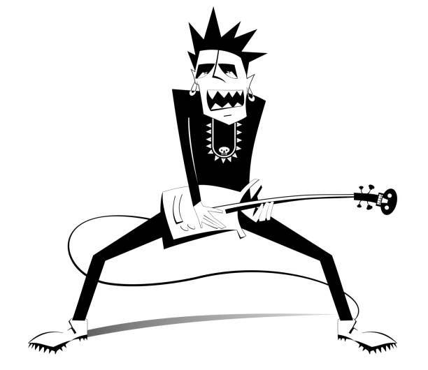 Cartoon guitar player isolated illustration Expressive guitarist is playing music and singing with the great inspiration black on white illustration ska stock illustrations