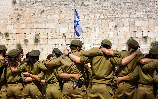 Jerusalem Israel May 21, 2018 View of a Israeli soldiers fraternity ceremony on the Western wall plaza in the old city of Jerusalem in the evening