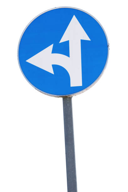 istock Blue, circular left turn traffic sign isoalted on white 962925918
