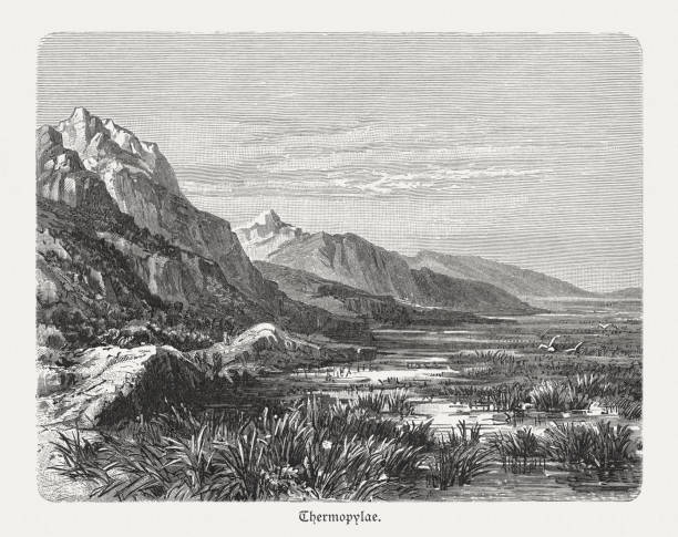 Thermopylae - place in Greece where a narrow coastal passage existed in antiquity. Wood engraving after a drawing, published in 1897.