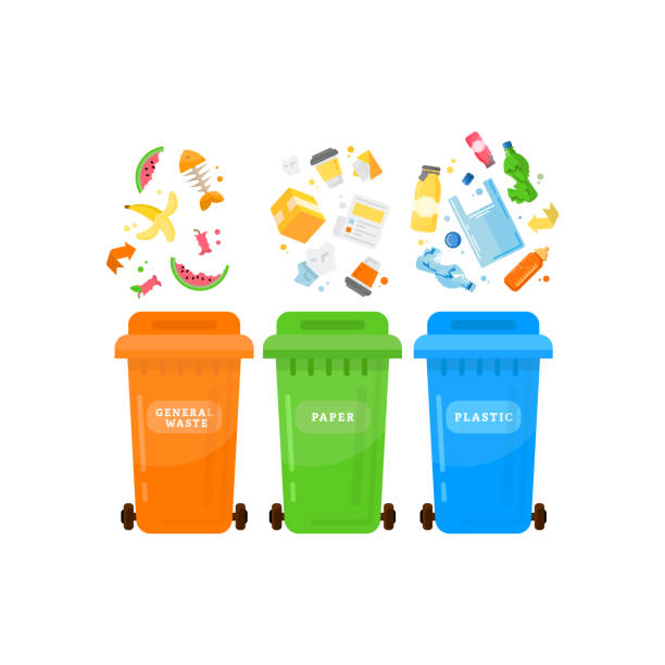 Ecology and waste global eco friendly plastic Trash sorting.Recycling garbage elements trash bags tires segregation stock illustrations