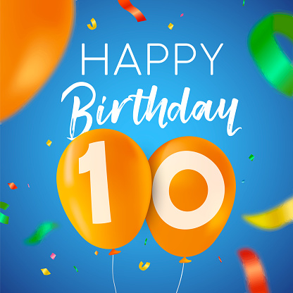 Happy Birthday 10 ten years fun design with balloon number and colorful confetti decoration. Ideal for party invitation or greeting card. EPS10 vector.