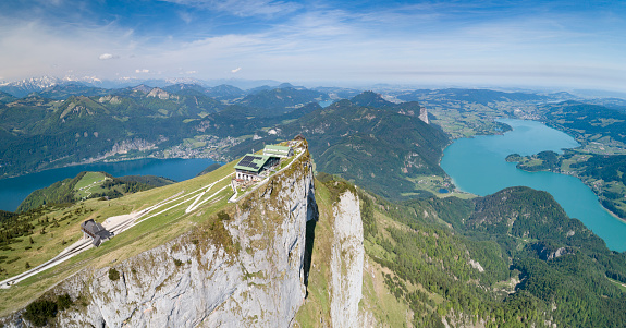 Huge Aerial Panorama of the famous Schafberg with the lakes Wolfgangsee, Mondsee and Irrsee. The SchafbergBahn is the steepest cogwheel railway in Austria and a famous tourist attraction in Austria.