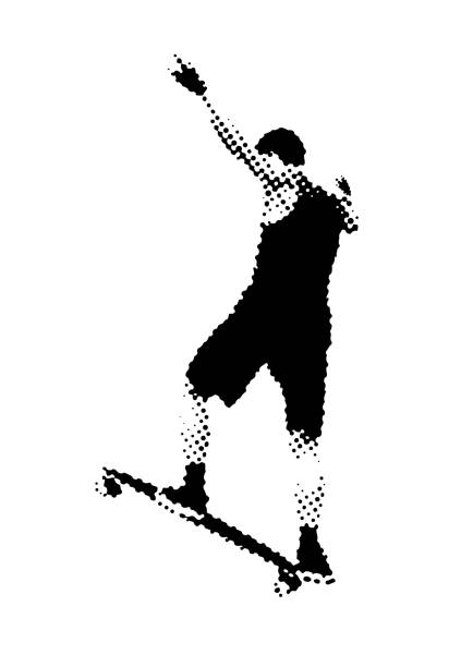 ilustraciones, imágenes clip art, dibujos animados e iconos de stock de hombre en la ilustración de vector de patín - skateboard skateboarding extreme sports halftone pattern