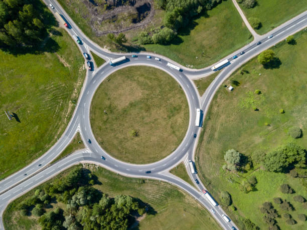 istock drone image. aerial view of transport roundabout on highway 962951926