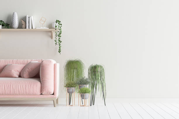 Living room interior wall mock up with velvet sofa and plants