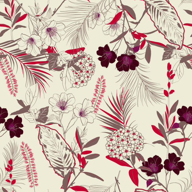 ilustrações de stock, clip art, desenhos animados e ícones de trendy vintage forest blooming garden outline and hand painting flowers many kind of floral in seamless pattern - unfinish