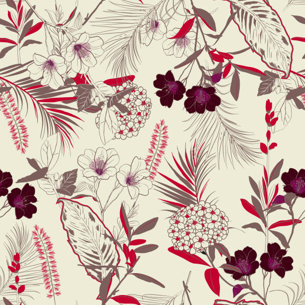 модный винтажный лес цветущий сад наброски и ручной росписи цветов много рода цветочные в бесшовные картины - unfinish stock illustrations