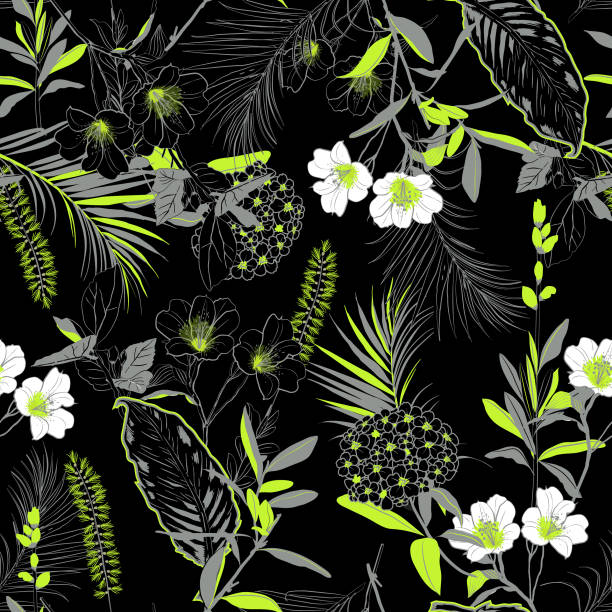 ilustrações de stock, clip art, desenhos animados e ícones de trendy dark forest with neon green blooming garden outline and hand painting flowers many kind of floral in seamless pattern - unfinish