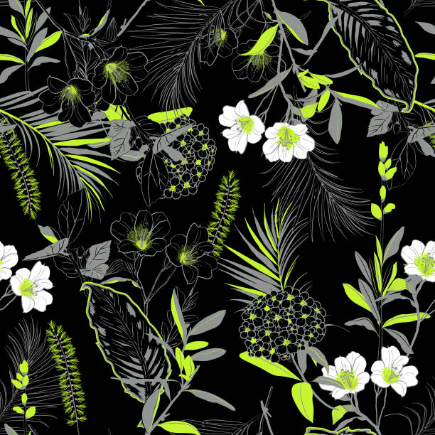 модный темный лес с неоновым зеленым цветущим садом наброски и ручной росписи цветов много рода цветоч�ные в бесшовные картины - unfinish stock illustrations