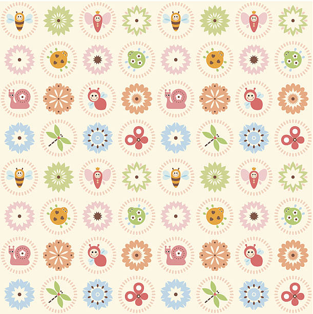 seamless_pretty_bugs - pattern circle backgrounds retro revival stock-grafiken, -clipart, -cartoons und -symbole