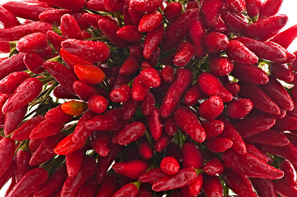 Bunch of Fresh Red Hot Chili Peppers, Front View Close-Up stock photo