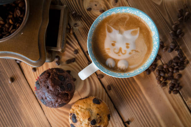 Cat foam face of latte art coffee in cup with scattered coffee beans and biscuits on old wooden table Cat foam face of latte art coffee in cup with scattered coffee beans and biscuits kitten coffee stock pictures, royalty-free photos & images