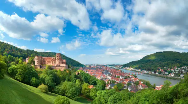 Heidelberg town in Germany and ruins of Heidelberg Castle (Heidelberger Schloss) in Spring, panoramic image