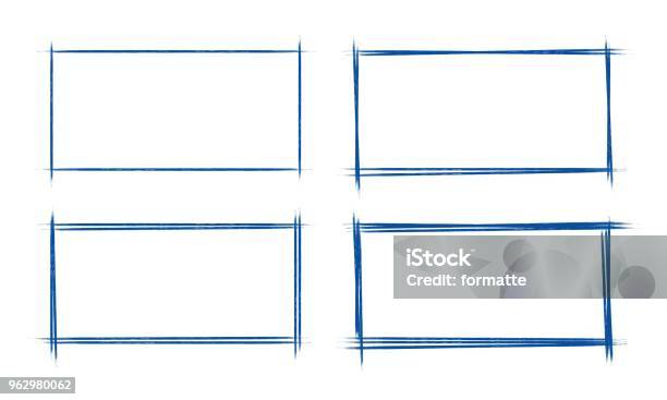 Set Of Hand Drawn Grunge Style Dark Blue Vintage Ball Pen Rectangle Doodle Scribbles On White Paper Background Stock Illustration - Download Image Now