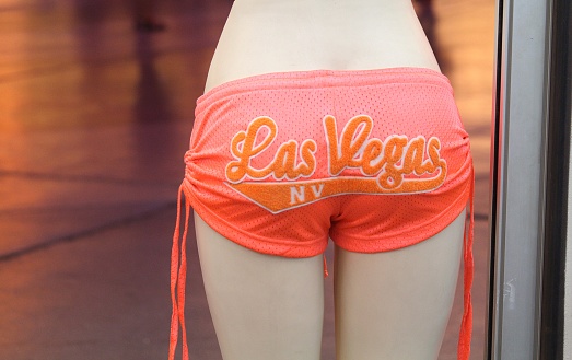 LAS VEGAS, NEVADA—AUGUST 2015: A  maniquin wearing a Las Vegas NV shorts at a store window never fails to attract the attention of passersby.