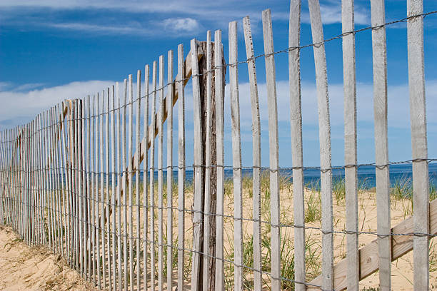 istock Weathered Picket Fence on Sand Dune, Beach, Ocean, Blue Water 96300375