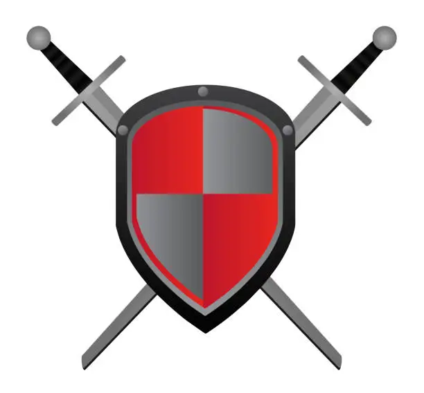 Vector illustration of Two swords and red shield
