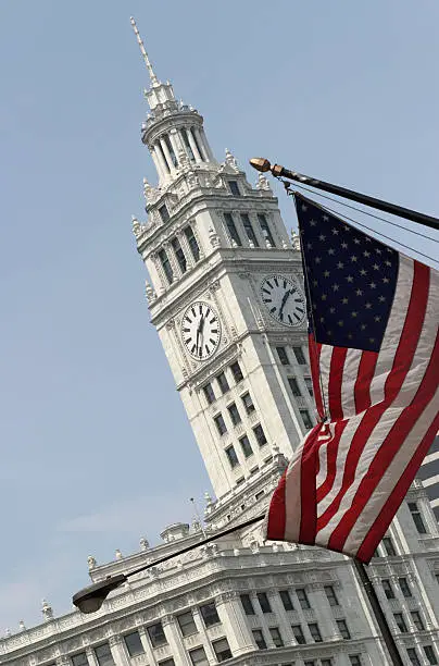 Photo of American Flag and Clock Tower, Building, Time, Patriotic, Stars-and-Stripes