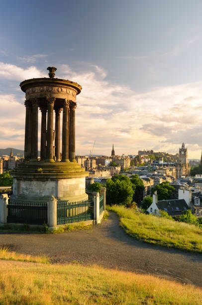 The skyline and historical monuments of Edinburgh from Calton Hill in Edinburgh.