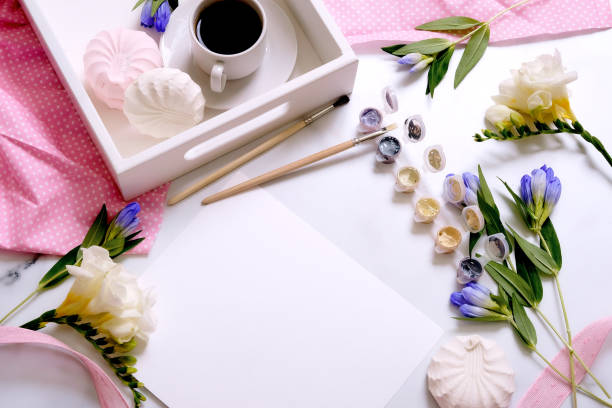 istock Women's desk. Flat lay, top view. Home office workspace. 963072276