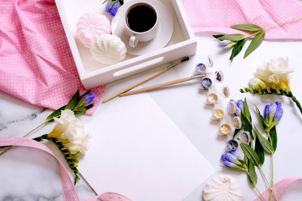 istock Women's desk. Flat lay, top view. Home office workspace. 963072294