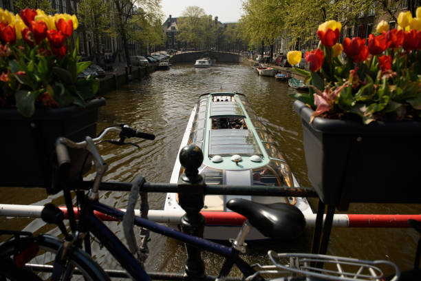 tour boat passes under a bridge in amsterdam. - 6707 imagens e fotografias de stock