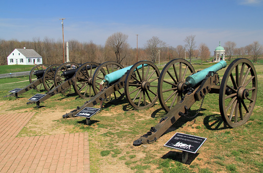 Manassas, VA - April 14, 2018: Artillery, as represented here, played a key role in many military engagements of the Civil War, including the Battle of Antietam, fought on September 17, 1862