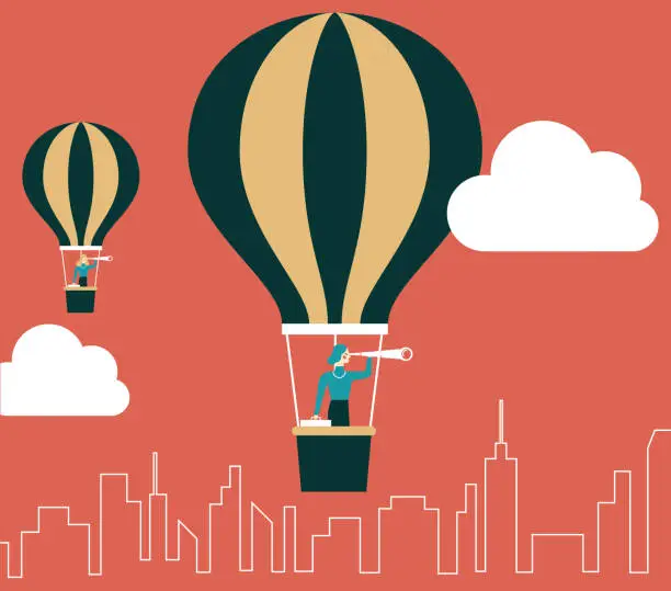 Vector illustration of Businesswoman in hot air balloon