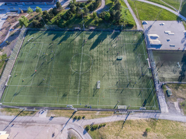 istock Aerial view over a soccer playing field 963089098