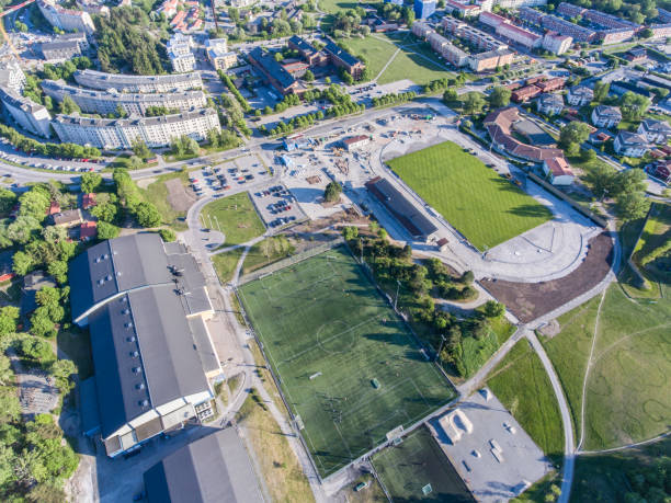 istock Aerial view over a soccer playing field 963089106