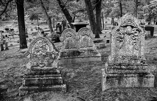 Black and white tombstones in Authors Ridge, in Sleepy Hollow Cemetery, Concord, Massachusetts