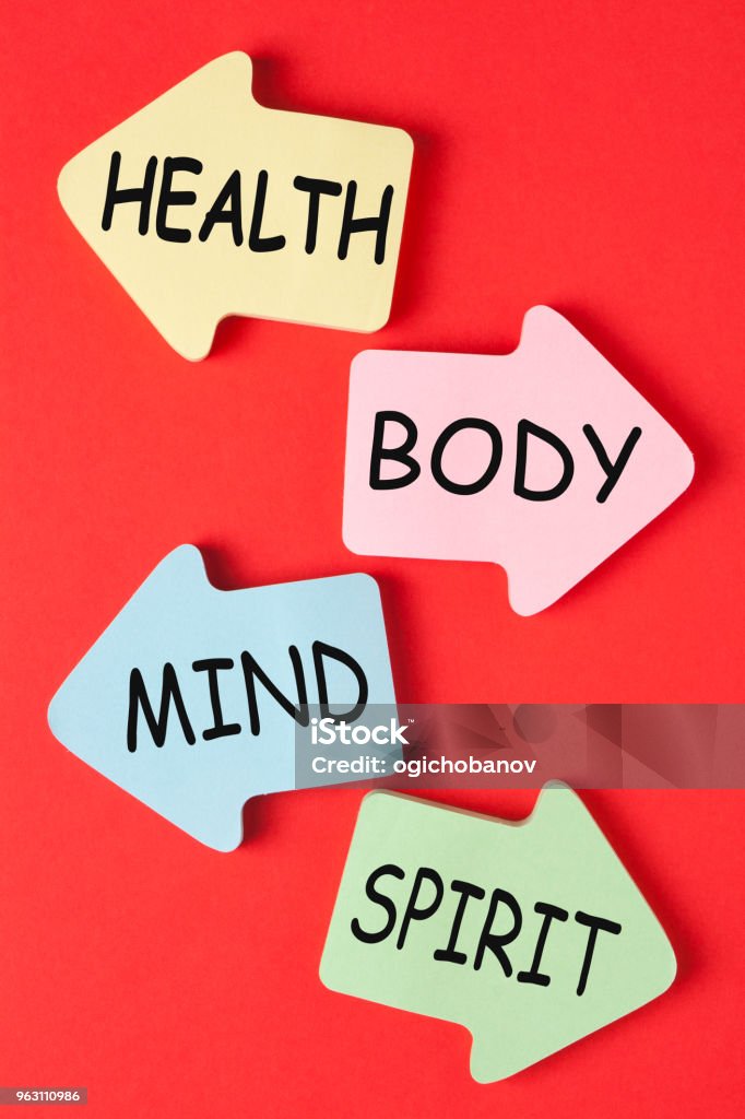 Health Body Mind Spirit Health Body Mind Spirit  written on arrows in red background. Health concept. Contemplation Stock Photo