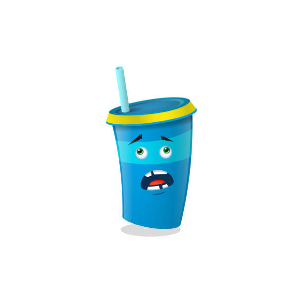 istock illustration of a blue cartoon paper cup with straws that shocked 963111138