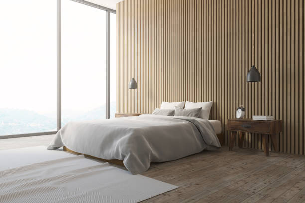 istock Wooden wall loft bedroom corner, carpet 963122152