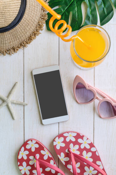 istock Women's casual clothes with accessories items and empty screen smart phone 963123100