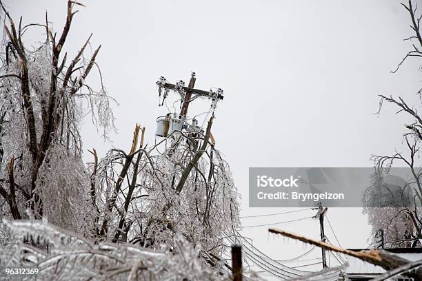 Icy Power Pole Falling Stock Photo - Download Image Now - Storm, Power Line, Power Cable
