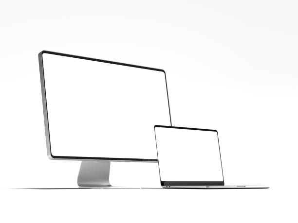 istock Realistic black framed white monitor and black laptop, 3d rendering 963126526