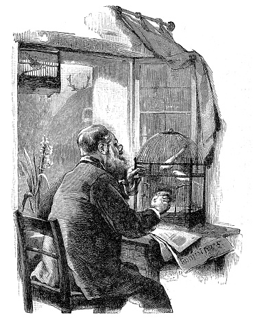 Illustration of a ald man with a canary