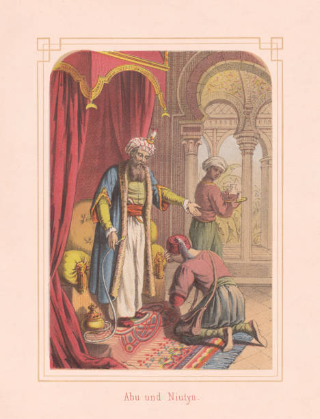 Abu and Niutyn, fairy tale from Arabian Nights, lithograph, 1867 Abu and Niutyn, a fairy tale from One Thousand and One Nights. Lithograph, published in 1867. egyptian palace stock illustrations