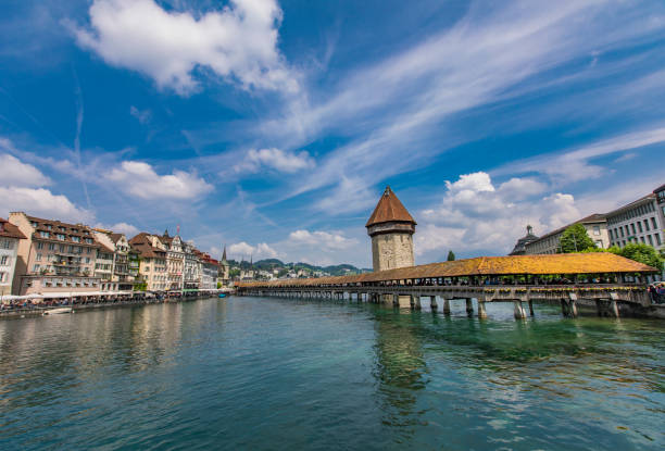 istock Chapel bridge and Water tower on Reuss river in Lucerne 963136722