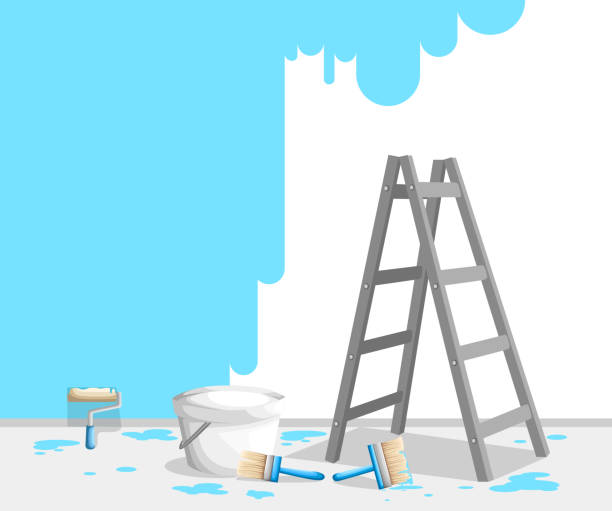 istock Painting wall with paint roll, brush and ladder. Bright blue paint in buckets. Painter job concept. Vector illustration. Web site page and mobile app design 963137128