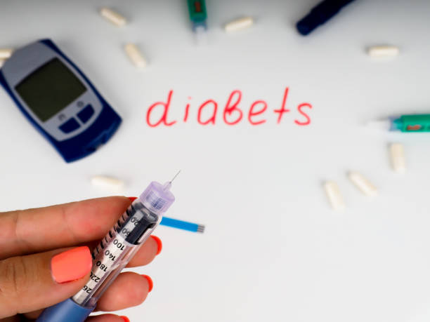 istock Insulin injection needle or pen for use by diabetics, insulin and glucometer 963138196