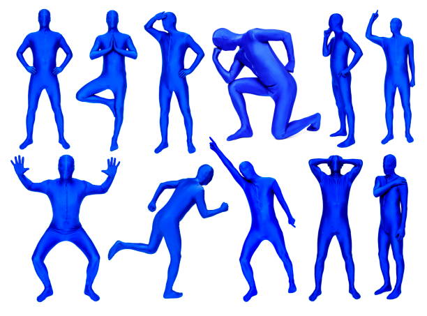 Man in blue costume in various poses stock photo