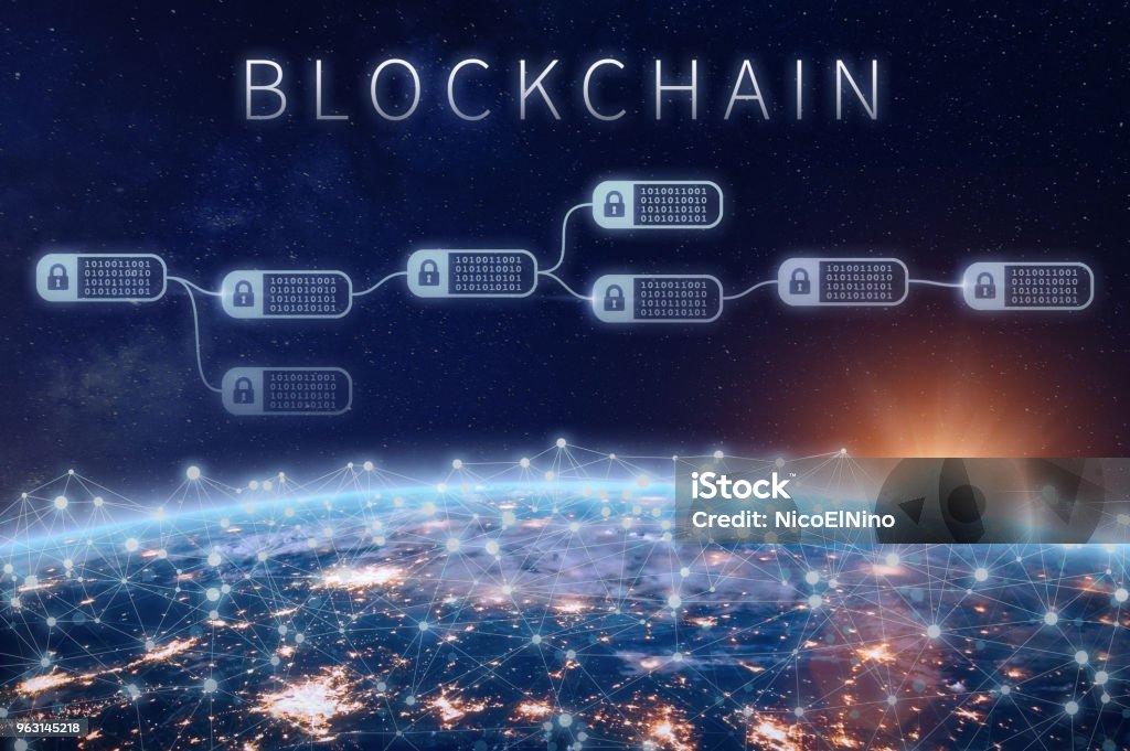 Blockchain financial technology concept, network encrypted chain of blocks, Earth Blockchain financial technology concept with network of encrypted chain of transaction block linked around planet Earth, cryptocurrency ledger (Bitcoin), secured economy (fintech), elements from NASA Blockchain Stock Photo