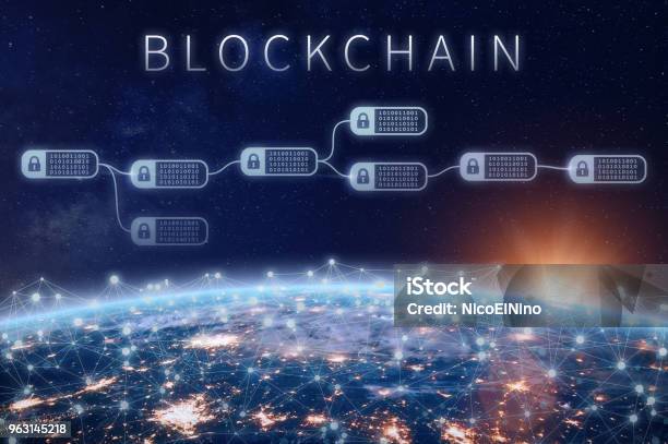 Blockchain Financial Technology Concept Network Encrypted Chain Of Blocks Earth Stock Photo - Download Image Now