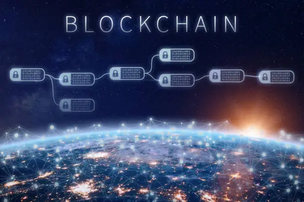 Blockchain financial technology concept with network of encrypted chain of transaction block linked around planet Earth, cryptocurrency ledger (Bitcoin), secured economy (fintech), elements from NASA